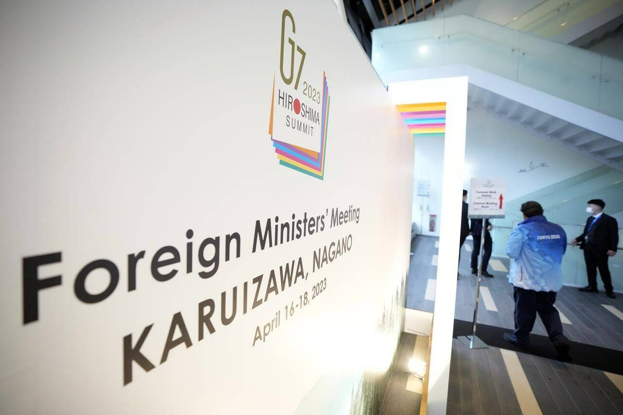 The sign of the G7 Foreign Ministers’ Meeting is seen at the media center prior to the meetings Saturday, April 15, 2023, in Karuizawa, a resort town, north of Tokyo. The meeting will start from Sunday April 16. (AP Photo/Eugene Hoshiko)
