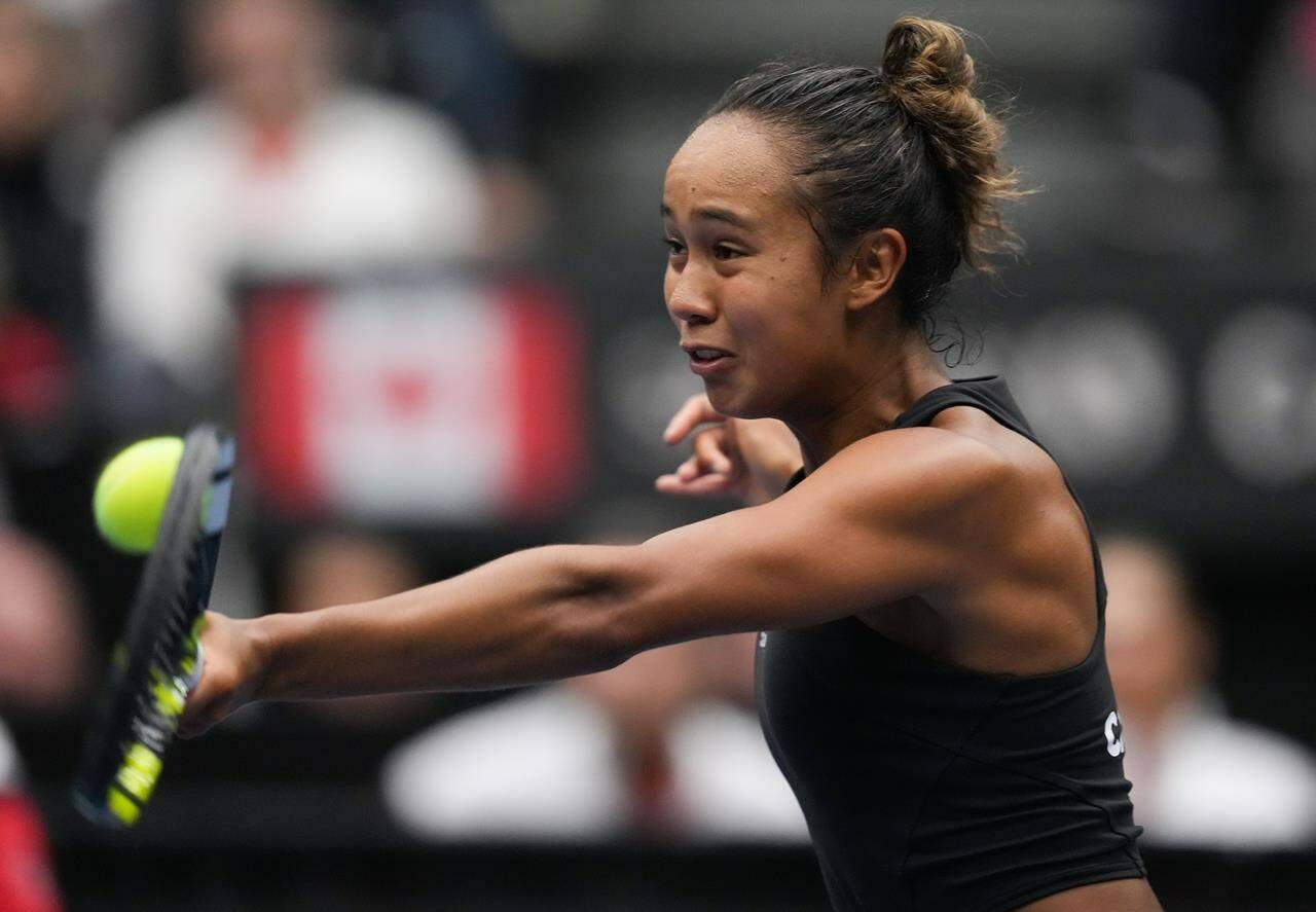Canada’s Leylah Fernandez returns to Belgium’s Ysaline Bonaventure during a Billie Jean King Cup qualifiers singles match, in Vancouver, on Saturday, April 15, 2023. THE CANADIAN PRESS/Darryl Dyck