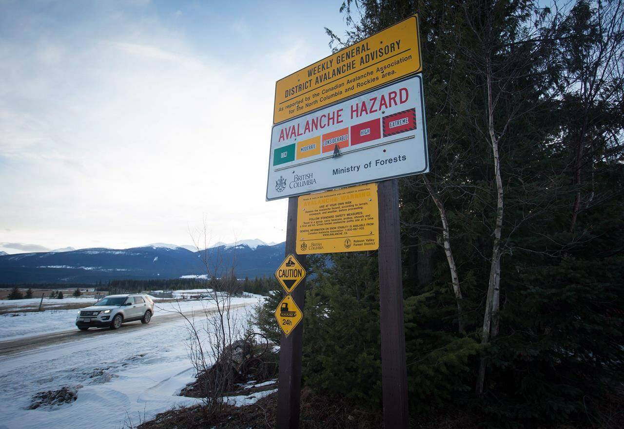 An avalanche hazard warning sign is shown near Mount Renshaw outside of McBride, B.C., on Jan. 30, 2016. THE CANADIAN PRESS/Darryl Dyck
