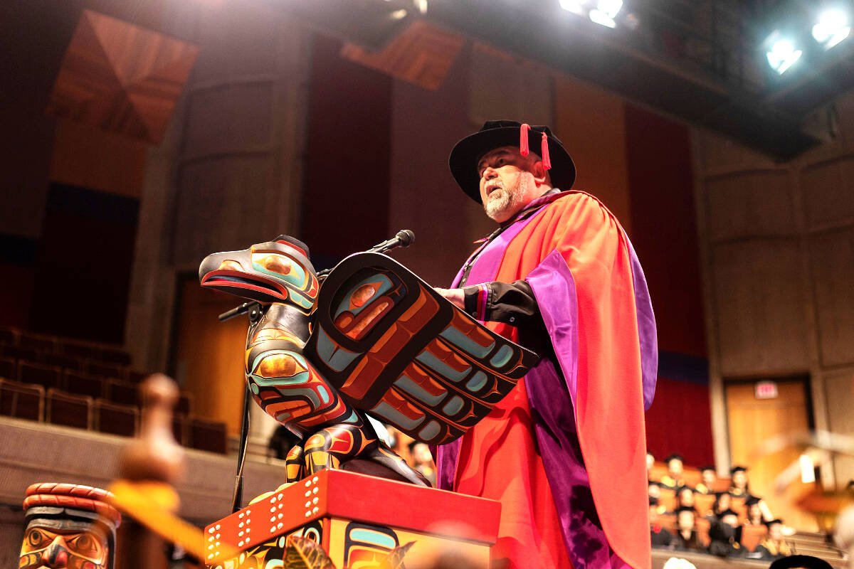 Nits’ilʔin (Chief) Joe Alphonse received his Honorary Doctor of Laws (LLD) from the University of Victoria Nov. 10. for his leadership over many years to compel respect for Indigenous law, title and jurisdiction in Canada. Alphonse will be in New York at the UN forum on Indigenous issues that begins April 17, 2023. (Photo submitted)