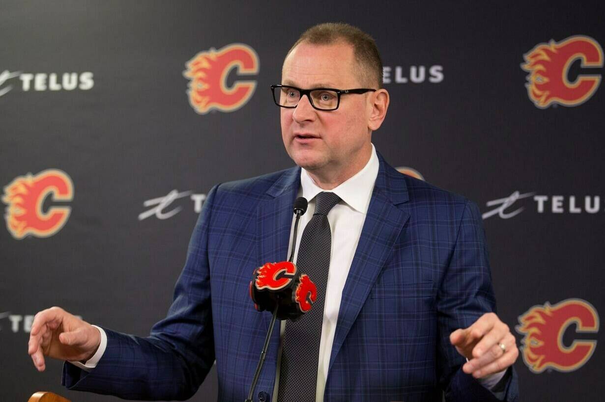 Calgary Flames General Manager Brad Treliving announces the resignation of head coach Bill Peters at a press conference in Calgary on Friday, Nov. 29, 2019.Treliving has left the Flames after nine seasons as general manager, the team announced Monday. THE CANADIAN PRESS/Larry MacDougal