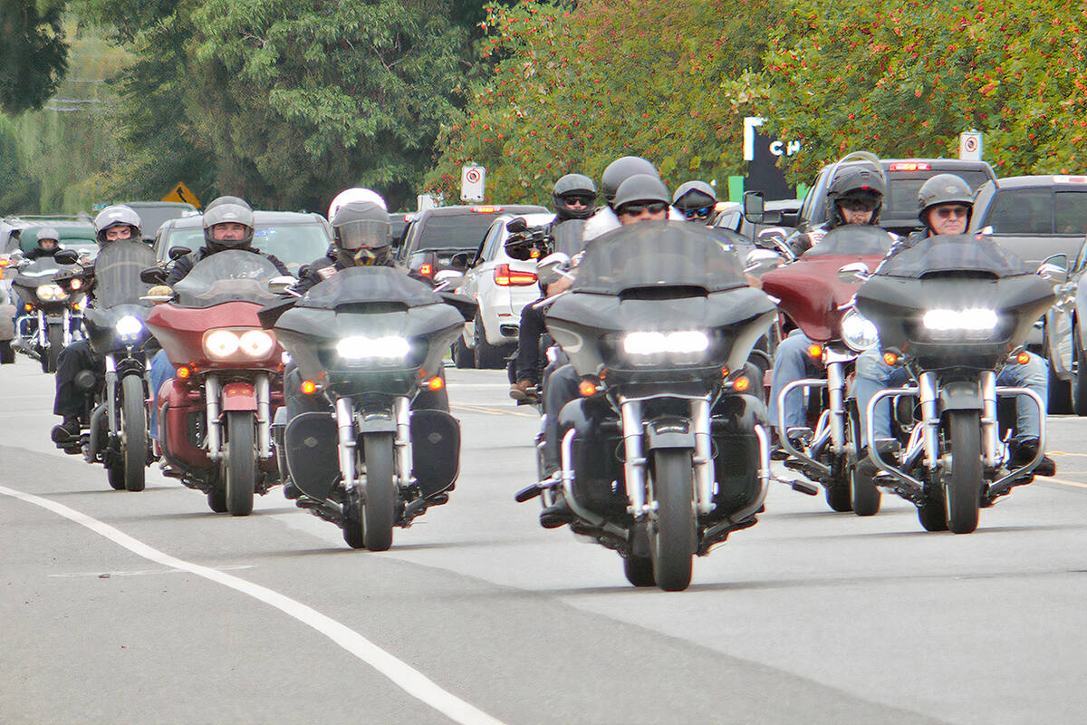 An estimated 1,000 to 1,500 riders from motorcycle clubs across Canada attended the Sept. 4, 2021 Langley service for the president of the Haney chapter of the Hells Angels, Mike Hadden. (Dan Ferguson/Langley Advance Times)