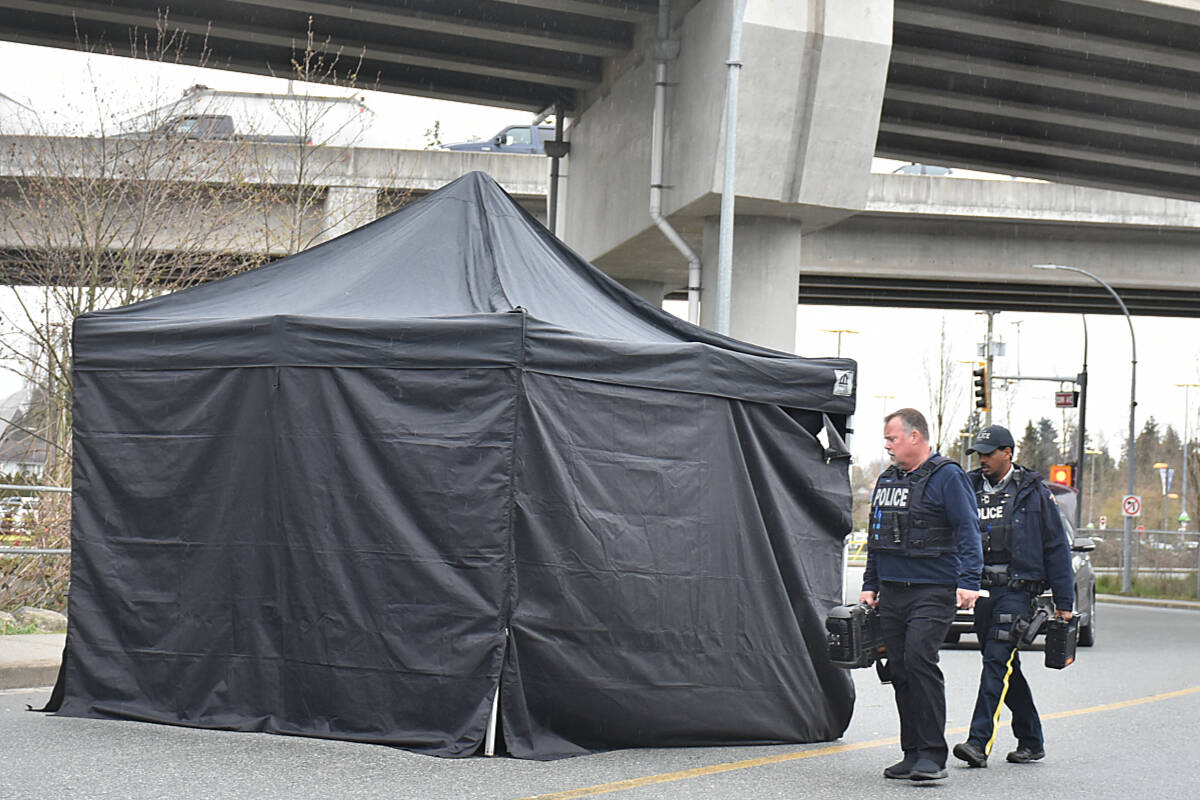 Ridge Meadows RCMP have taped off a large area near the southeast entrance to the Meadowtown Shopping Centre. (Colleen Flanagan/The News)