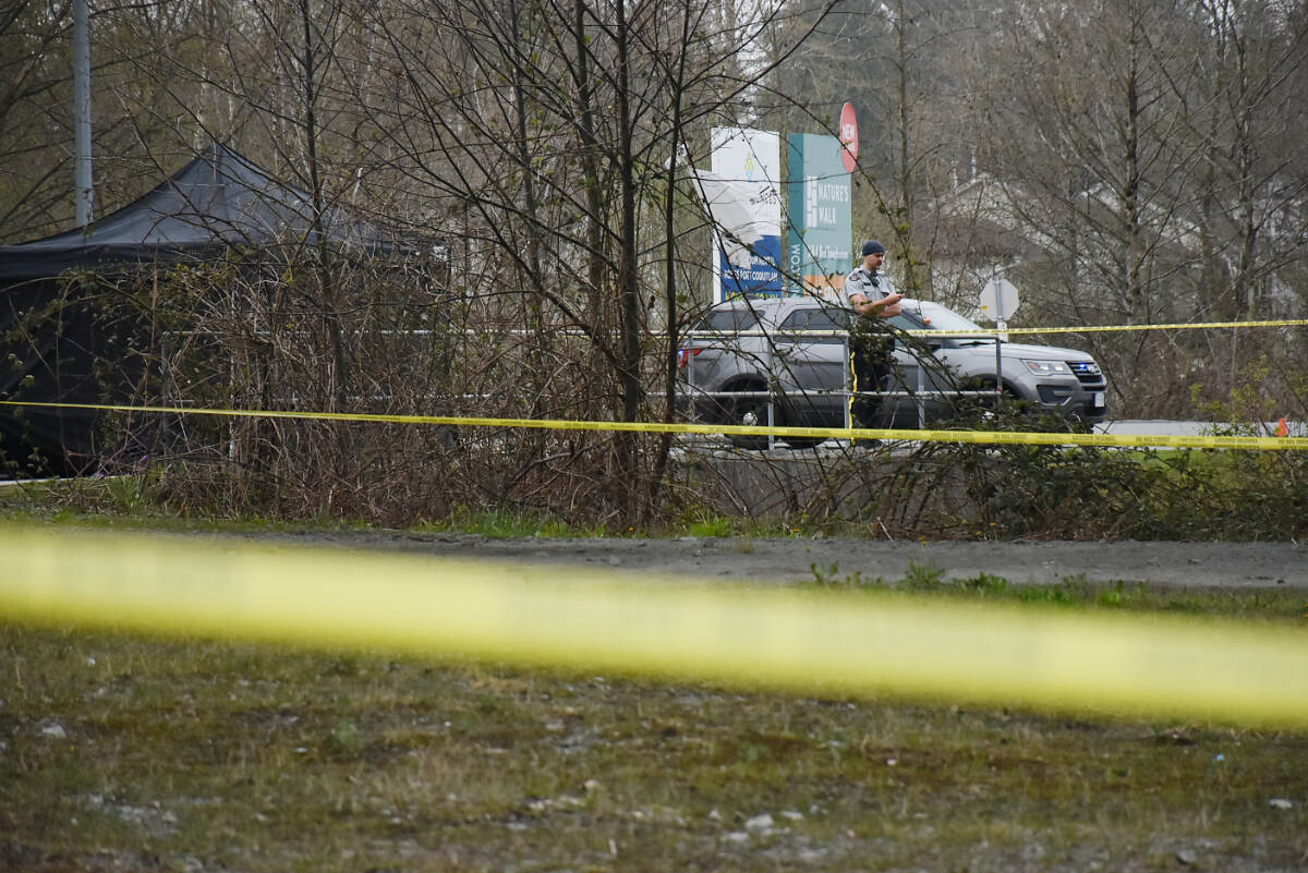 Ridge Meadows RCMP have taped off a large area near the southeast entrance to the Meadowtown Shopping Centre. (Colleen Flanagan/The News)