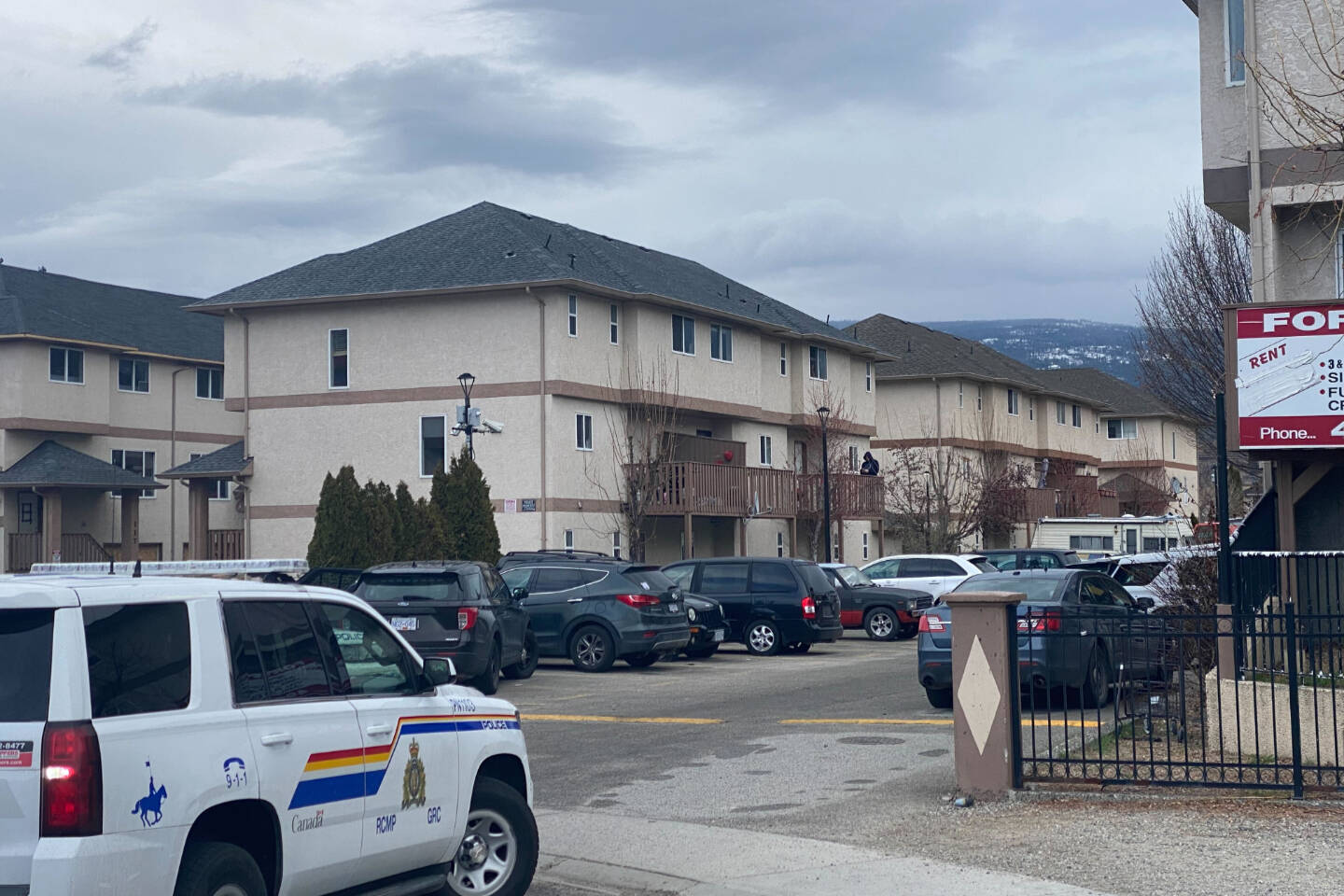 RCMP in front of the Maples where a shooting allegedly took place on the morning of April 18. (Logan Lockhart - Western News)