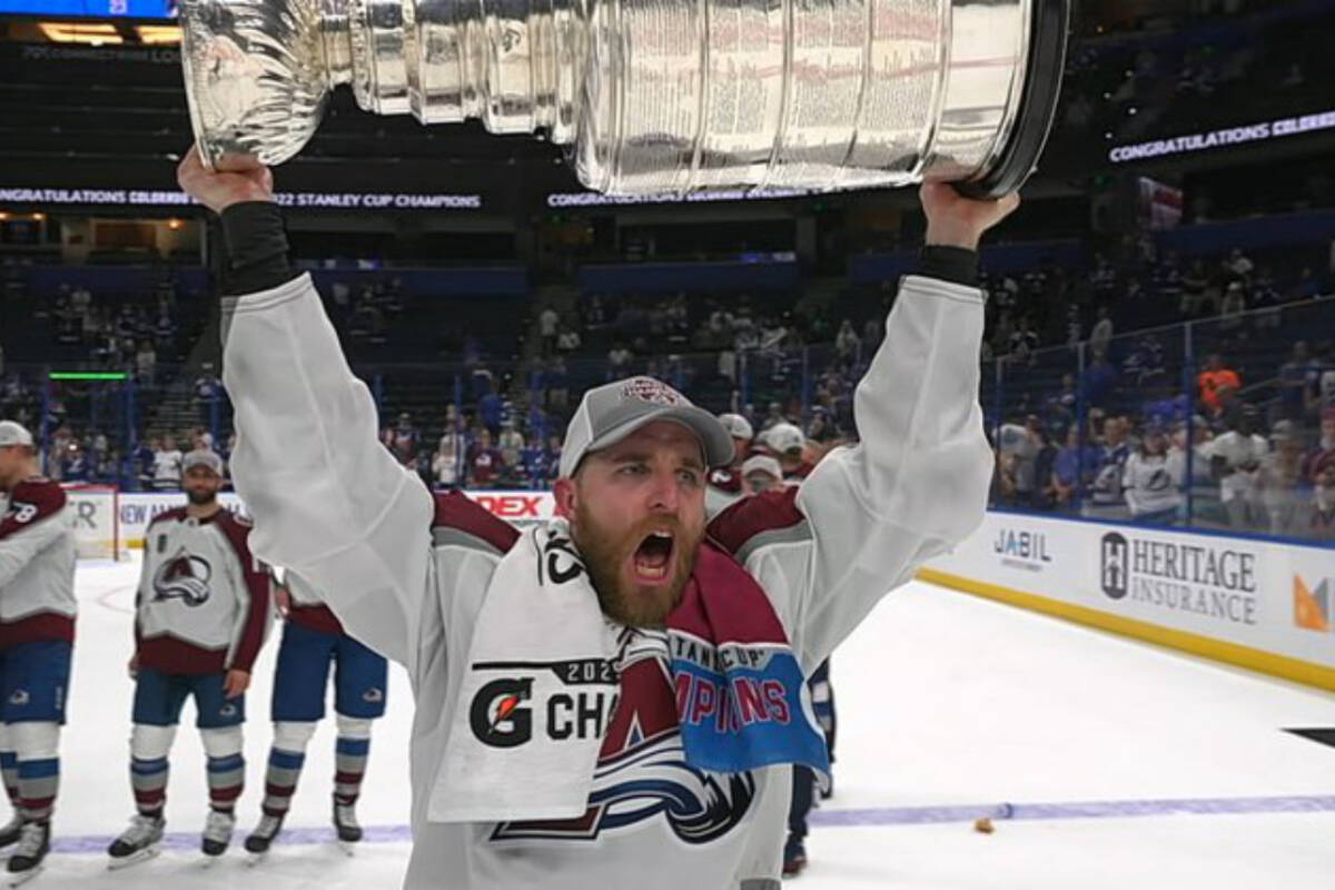 Abbotsford’s Devon Toews celebrates with the Stanley Cup with the Colorado Avalanche on June 26. (Twitter photo)