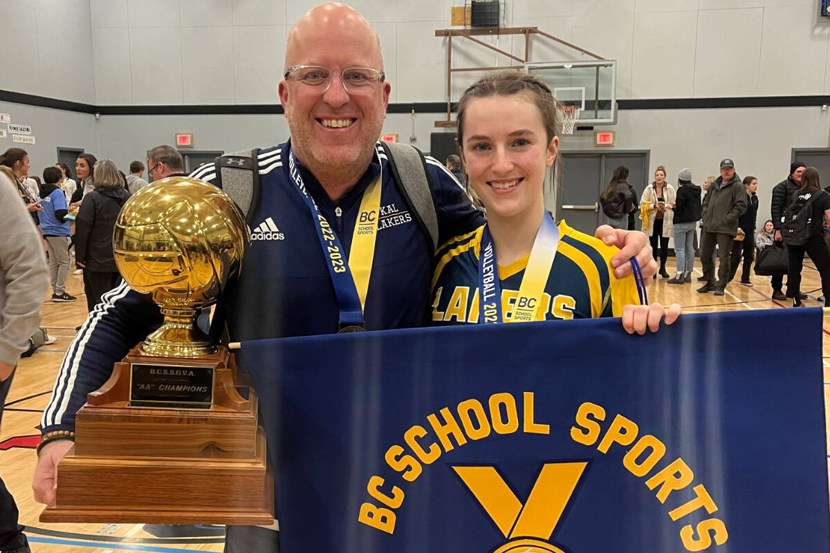 Coldstream’s Dean Francks (left, with daughter Kristen after the pair won the B.C. Senior Girls AA Volleyball Championship in Merritt in December 2022) has been named a B.C. School Sports Citation of Excellence Award Winner for 2022-23. (Contributed)