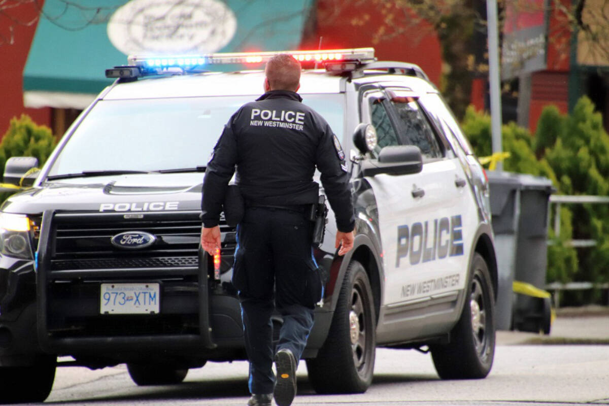 New Westminster Police are investigating a shooting in the 700-block of Carnarvon Street in the city’s downtown core April 18, 2023. (Shane MacKichan)