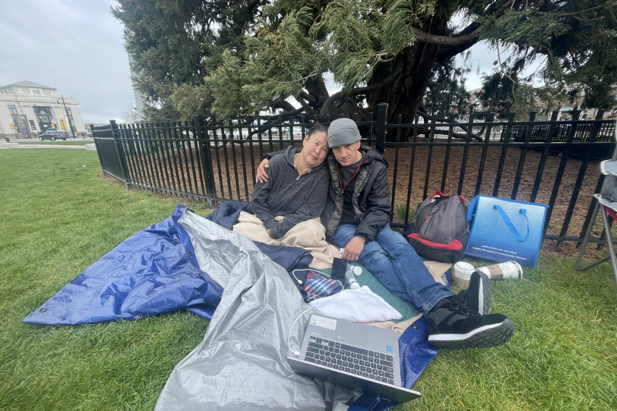 Philip and Sonja Hathaway say they will camp in front of the B.C. legislature until they receive some news of when they will get their newborn daughter back. (Hollie Ferguson/News Staff)