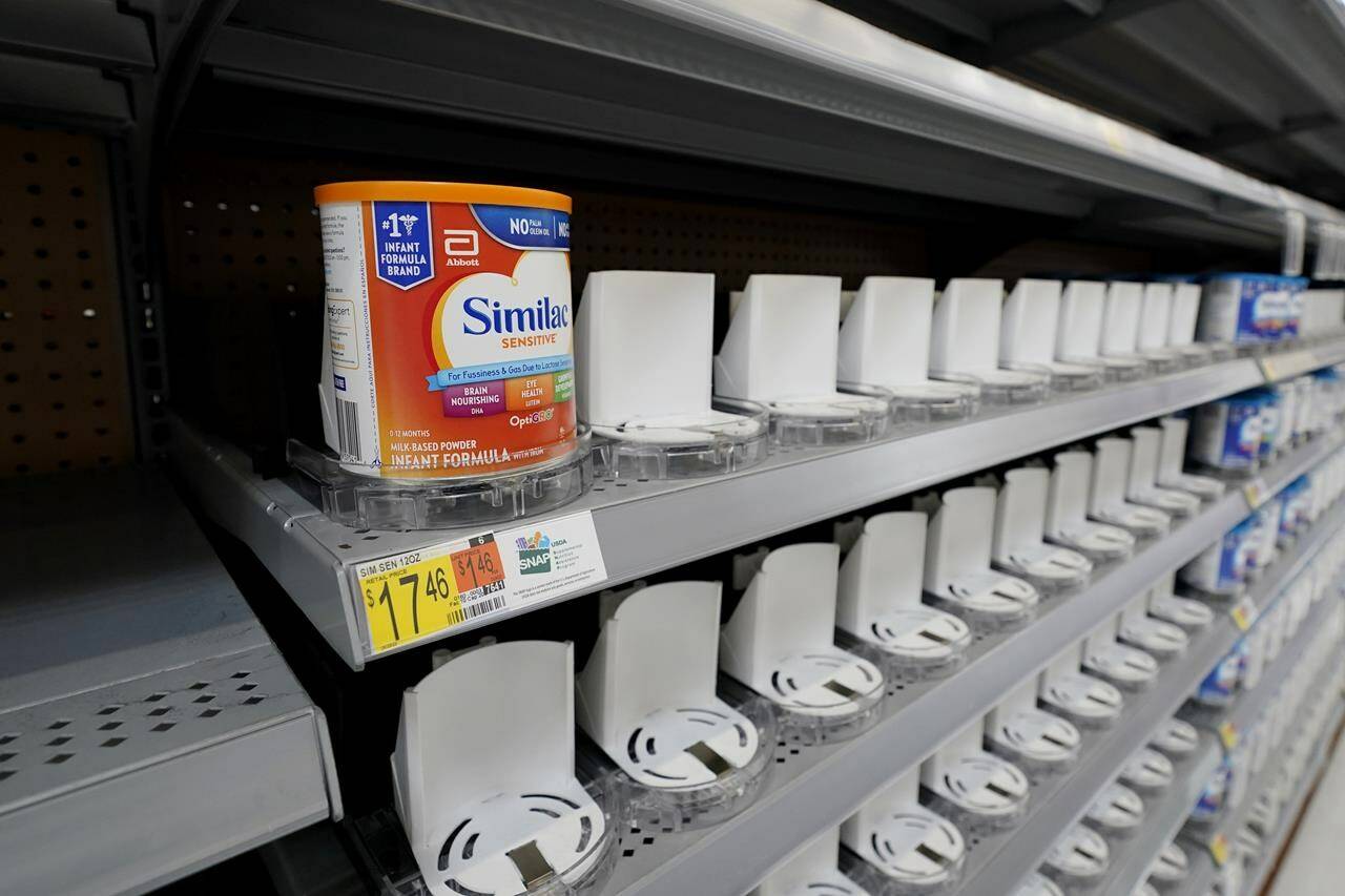Shelves typically stocked with baby formula sit mostly empty at a store in San Antonio, Tuesday, May 10, 2022. If infant formula has become akin to liquid gold for parents stressed about empty store shelves this year, Canada may be sitting on a potential treasure trove — if only it could process the raw elements. THE CANADIAN PRESS/AP-Eric Gay