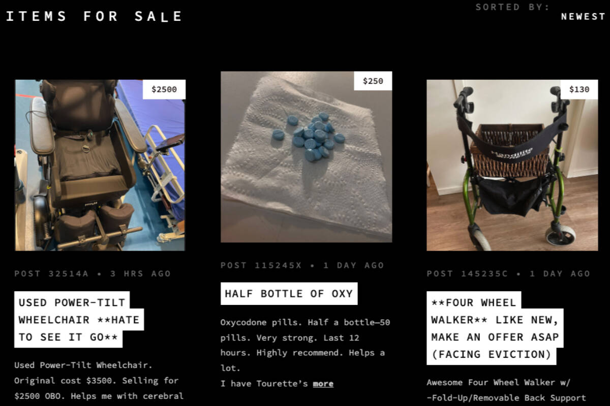 Disability Without Poverty created bleakmarket.com, a landing page filled with listings meant to “evoke the dark web” to show how some Canadians have had to resort to selling essential items to make ends meet. (bleakmarket.com)