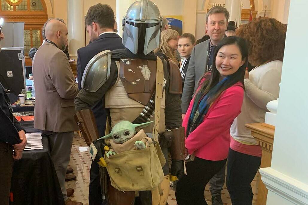 Mandalorian and Groku a.k.a. Baby Yoda dropped into the provincial legislature Wednesday as the provincial government announced $42 million over three years for the creative industries. (Wolf Depner/News Staff)