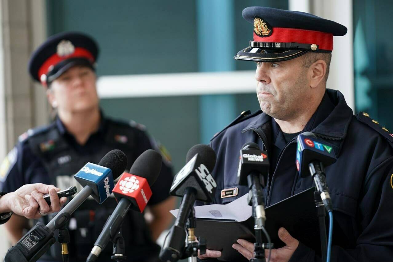 Peel Police Inspector Stephen Duivesteyn speaks to the media regarding a theft at Toronto Pearson International Airport in Mississauga, Ont., on Thursday, April 20, 2023. Peel Regional Police say they are investigating the theft of more than $20 million worth of gold and other valuable items from Toronto Pearson Airport. THE CANADIAN PRESS/Arlyn McAdorey