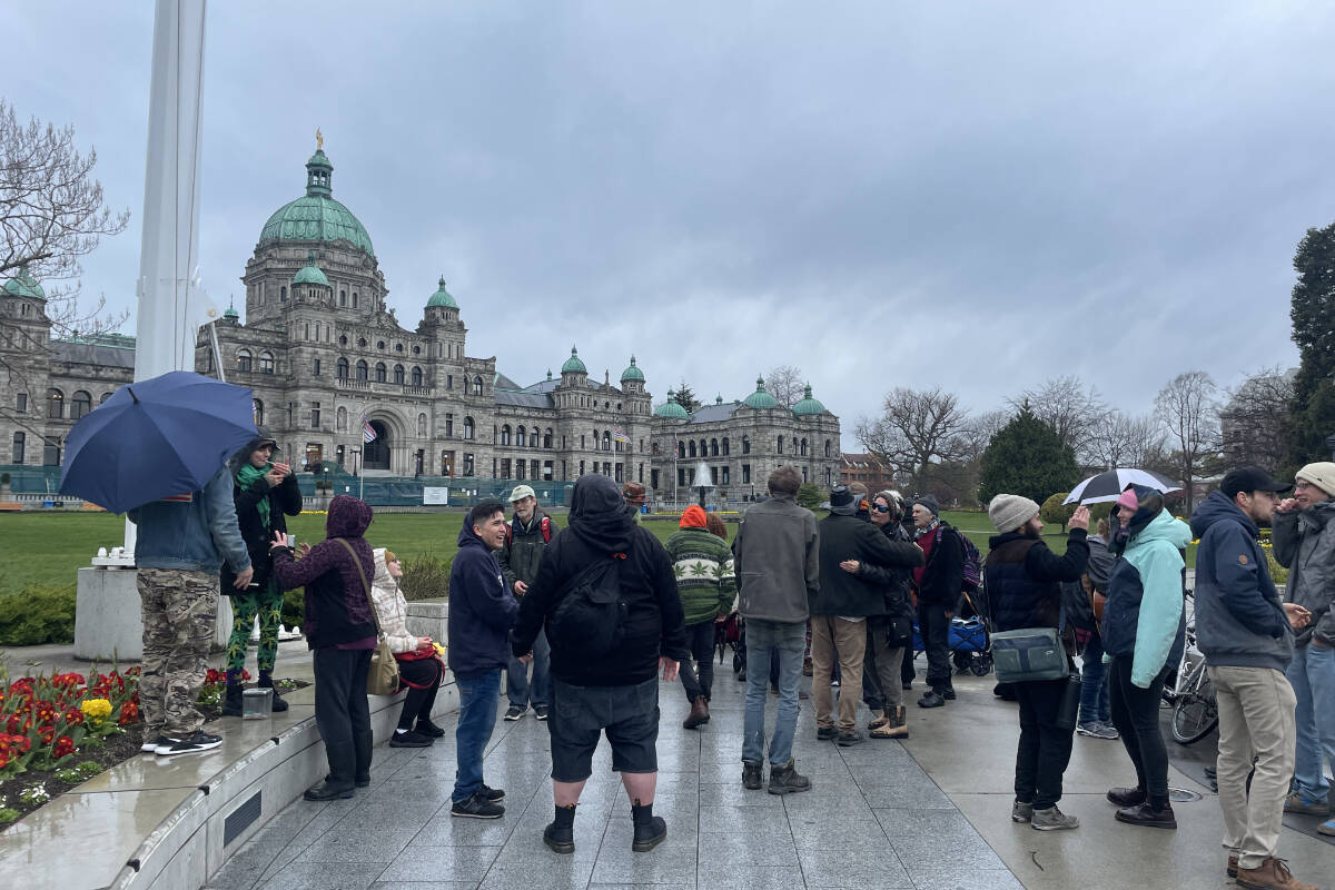 A small group gathered in front of the B.C. Legislature building Thursday, April 20 to celebrate 4/20. (Hollie Ferguson/News Staff)