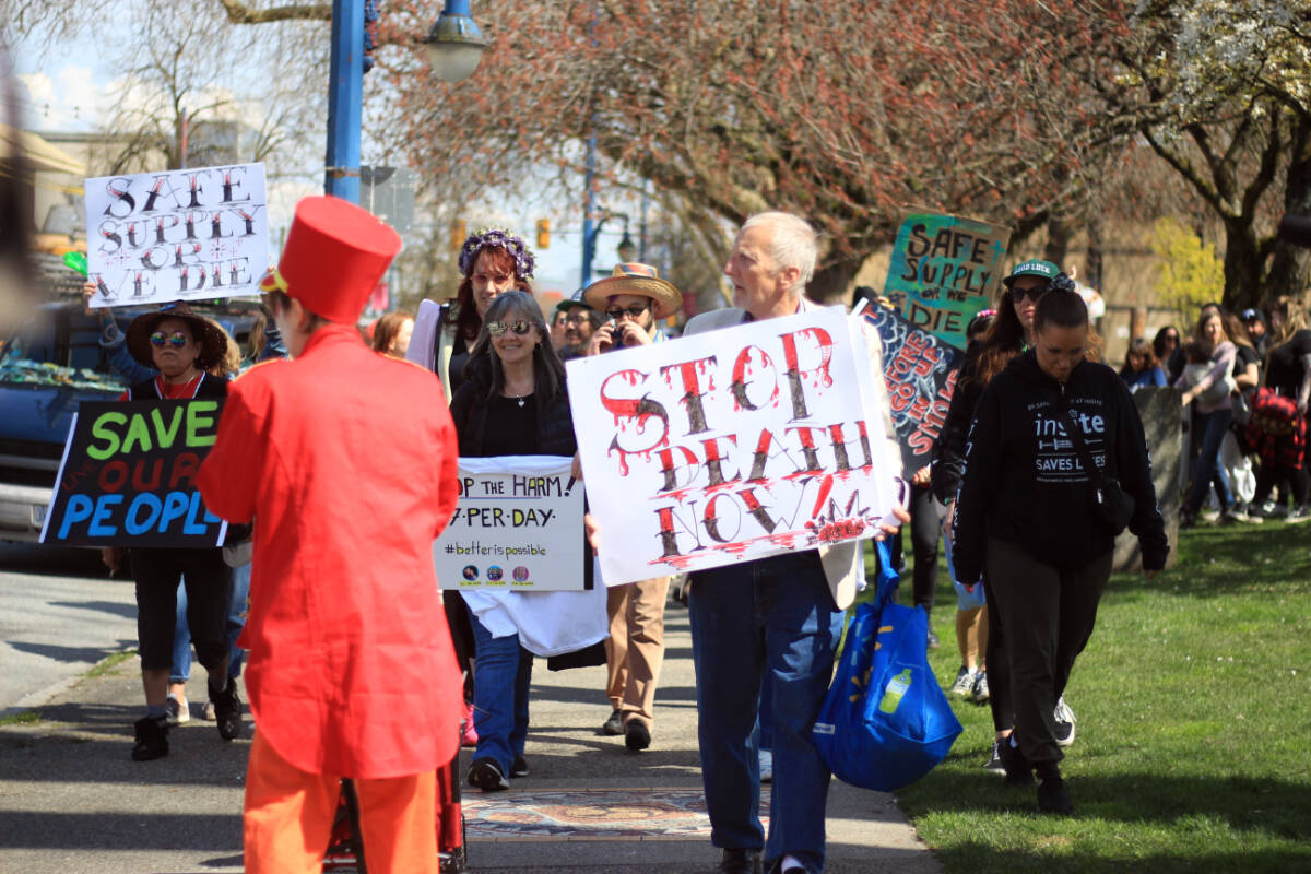 Protesters march out of Oppenheimer Park along Powell Street in Vancouver on April 14, 2023 during an event marking the seventh anniversary of the toxic drug deaths in B.C. (Photo: Lauren Collins)