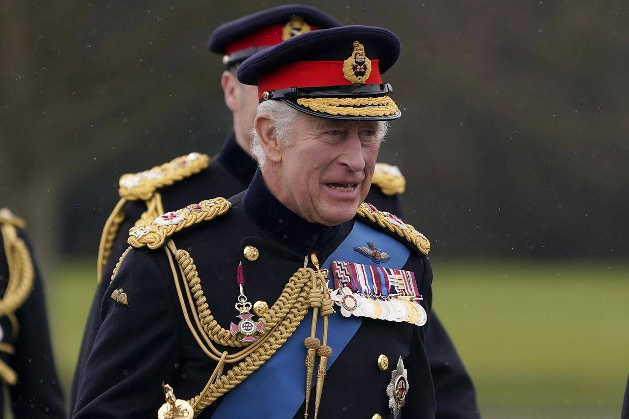 Britain’s King Charles III arrives for the 200th Sovereign’s Parade at the Royal Military Academy Sandhurst (RMAS) in Camberley, England, Friday, April 14, 2023. The King’s first months on the throne have shown he’s a monarch who will take an active role in different causes and is ready to engage with the public, royal experts say. THE CANADIAN PRESS/AP-Alberto Pezzali
