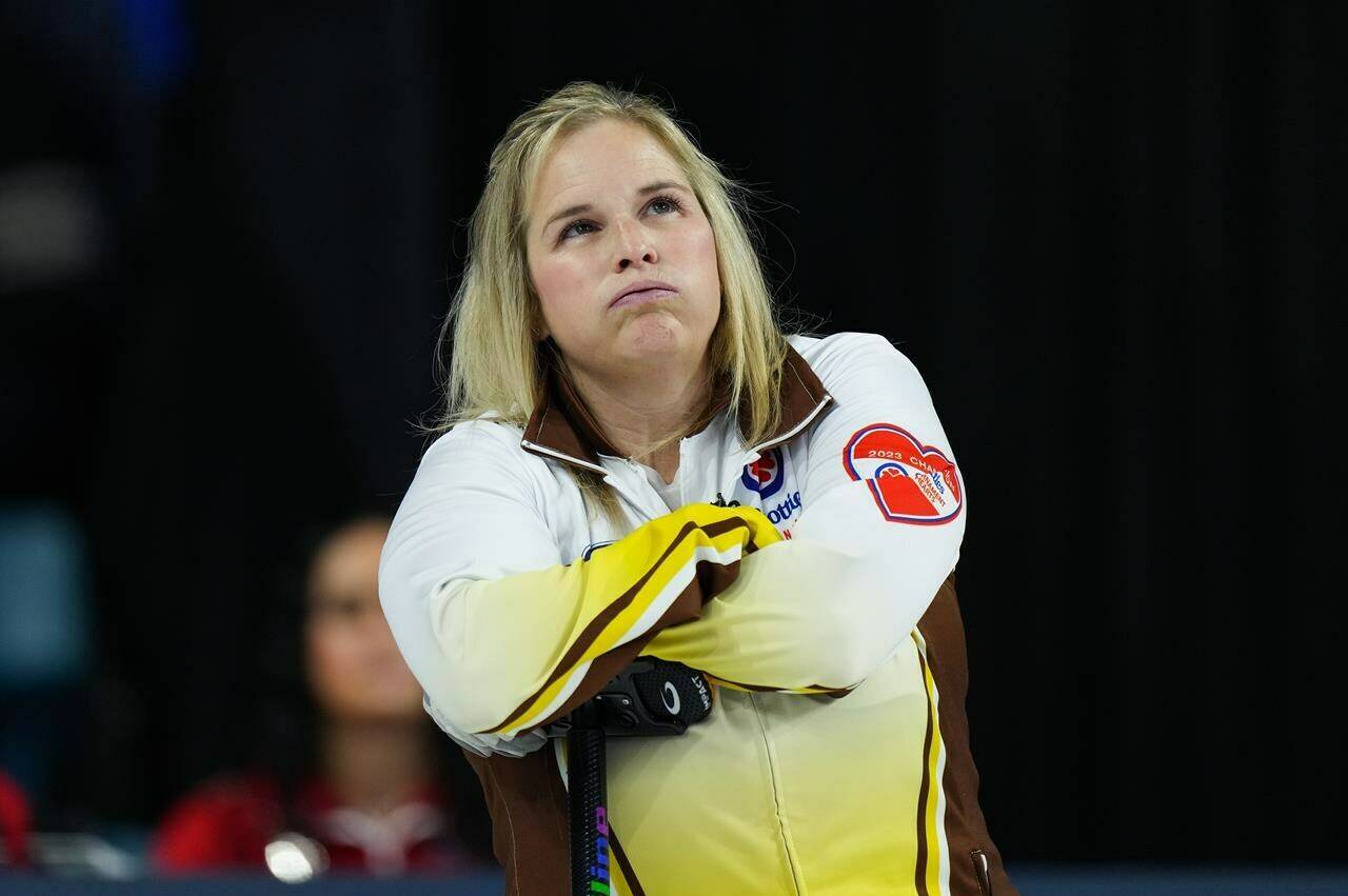 Manitoba skip Jennifer Jones looks on while playing Team Canada during the final at the Scotties Tournament of Hearts, in Kamloops, B.C., on Sunday, February 26, 2023. Jones and Brent Laing suffered their first loss of the world mixed doubles curling championship on Sunday in South Korea. THE CANADIAN PRESS/Darryl Dyck