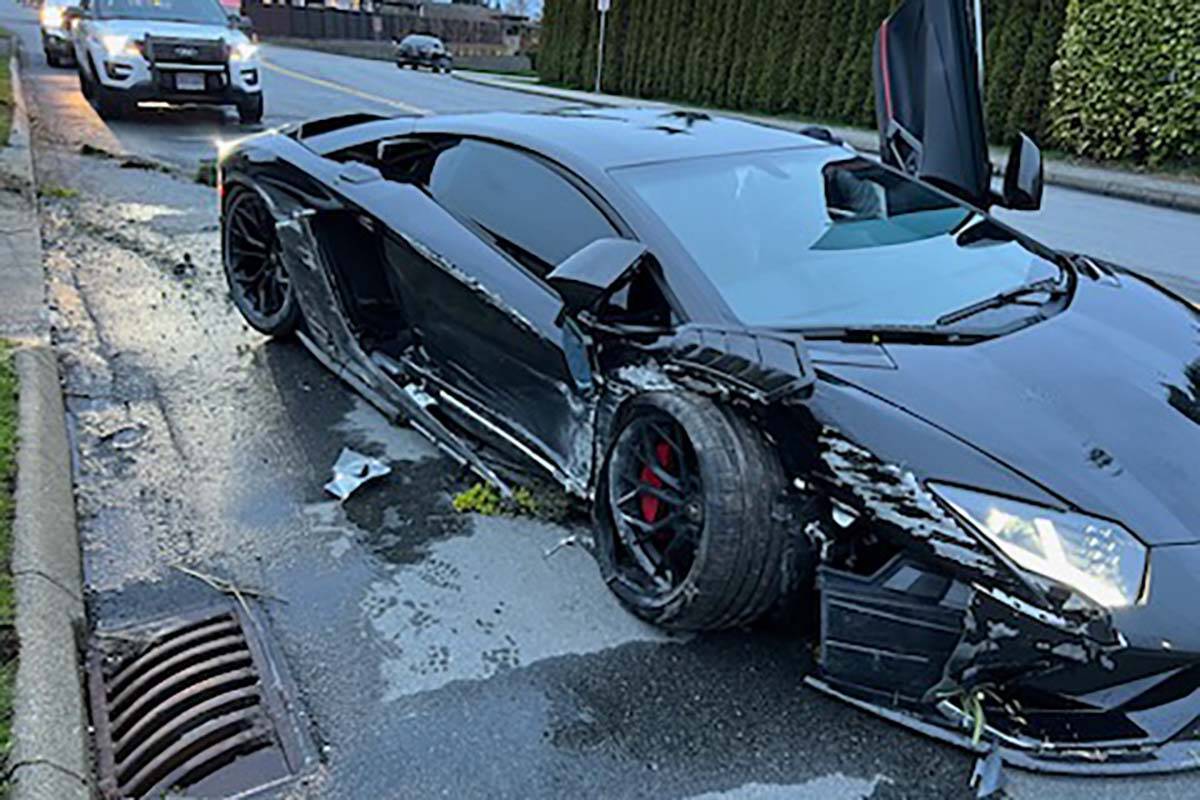 North Vancouver RCMP say a driver crashed a Lamborghini into a retaining wall in the 4000-block of Highland Boulevard on April 22. They’re looking for witnesses who may have seen the driver flee the scene. (Photo courtesy of North Vancouver RCMP)