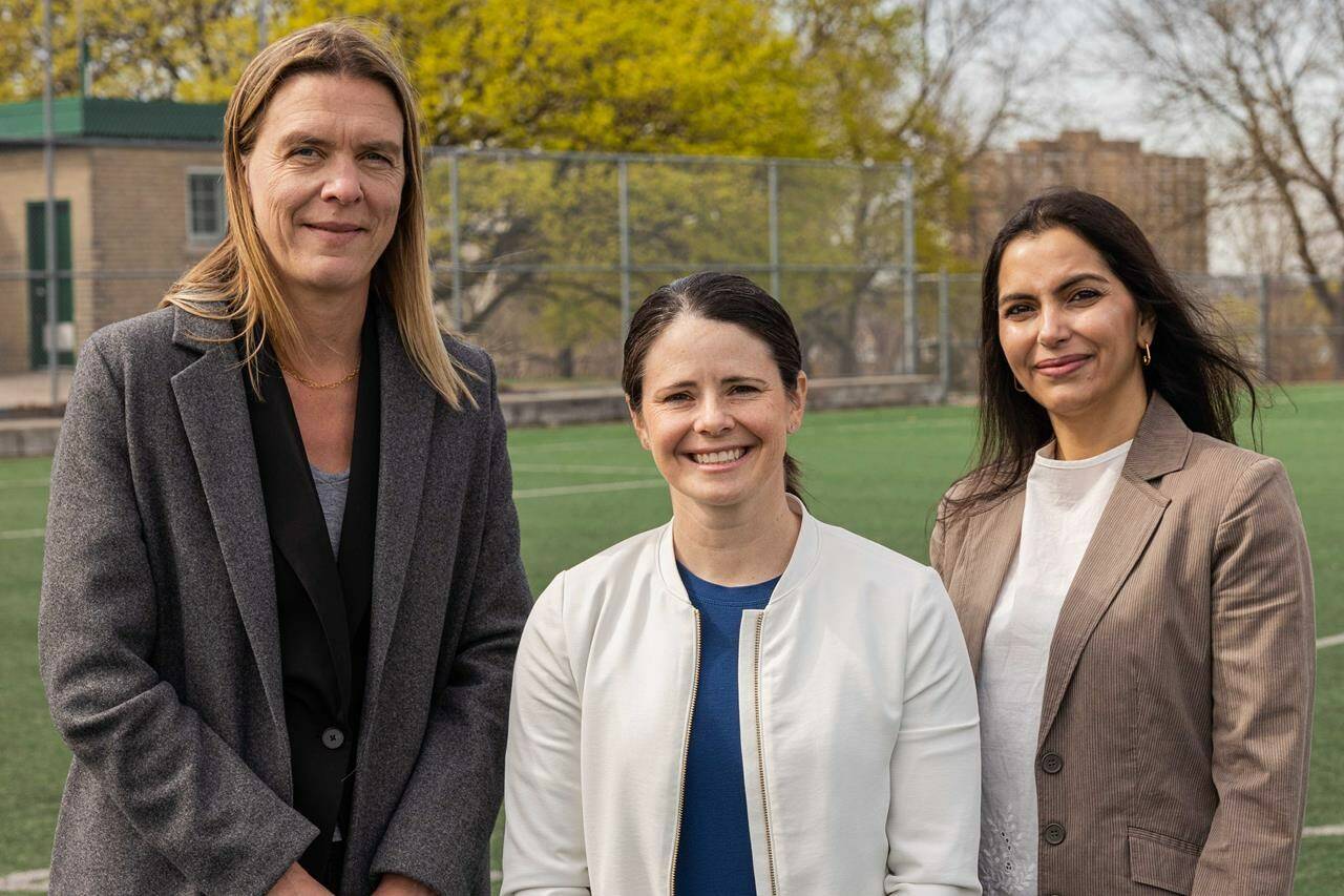 Helena Ruken, left to right,CEO of AFC Toronto City; Diana Matheson, co-founder and CEO of Project 8; and Shilpa Arora, general manager of DoorDash Canada, are seen in Toronto in an undated handout photo. AFC Toronto City has signed on as the third franchise in the proposed women’s pro league, after Vancouver and Calgary. DoorDash joins CIBC, Air Canada and Canadian Tire as “dedicated partners” of the new league. THE CANADIAN PRESS/HO-Project 8 *MANDATORY CREDIT*