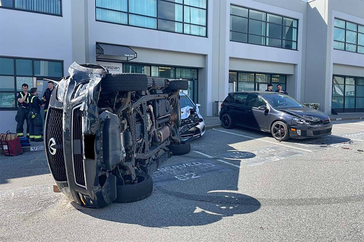 North Vancouver RCMP say they believe a driver was impaired when she crashed into a business in the 900-block of West 1st Street and flipped her vehicle on April 25. (Photo courtesy of North Vancouver RCMP)