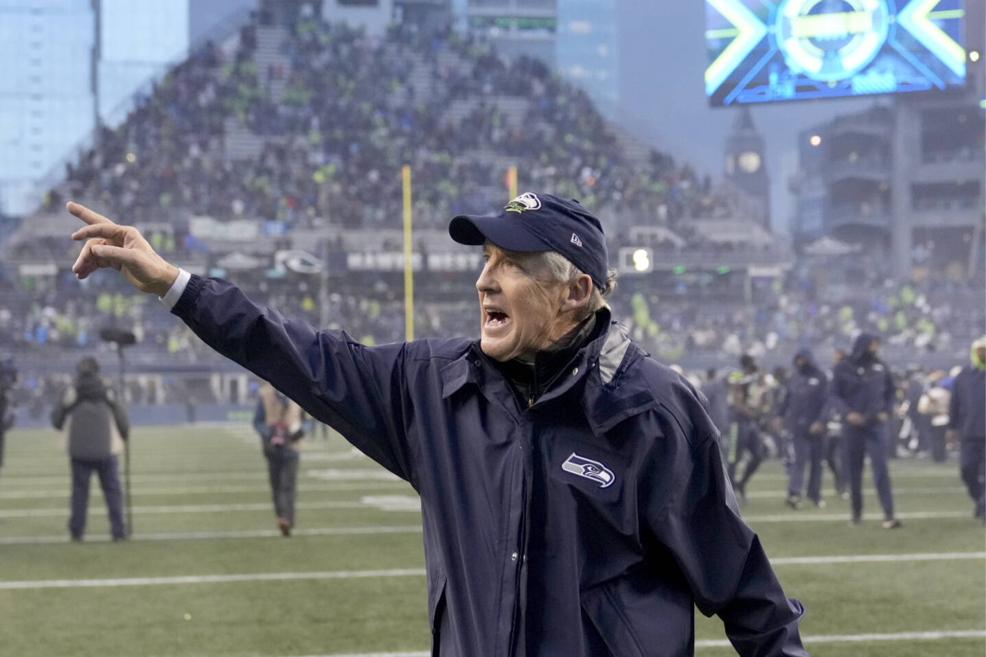 Seattle Seahawks head coach Pete Carroll celebrates after an overtime win over the Los Angeles Rams during an NFL football game Sunday, Jan. 8, 2023, in Seattle. (AP Photo/Stephen Brashear)
