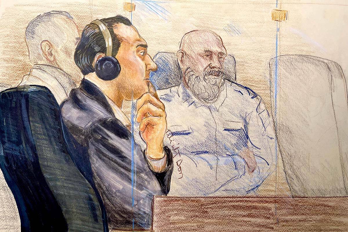 A courtroom sketch shows accused murderer Ibrahim Ali listening to court proceedings through a translator. Ali is charged with first degree murder in the 2017 death of a 13-year-old Burnaby girl. (Credit: Felicity Don)