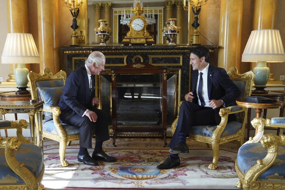 Britain’s King Charles III sits with Prime Minister of Canada Justin Trudeau, as he receives prime ministers in the 1844 Room at Buckingham Palace in London, Saturday, Sept. 17, 2022. Trudeau is expected to attend the King’s coronation in London next week alongside dignitaries from around the world.THE CANADIAN PRESS/AP-Stefan Rousseau/Pool via AP