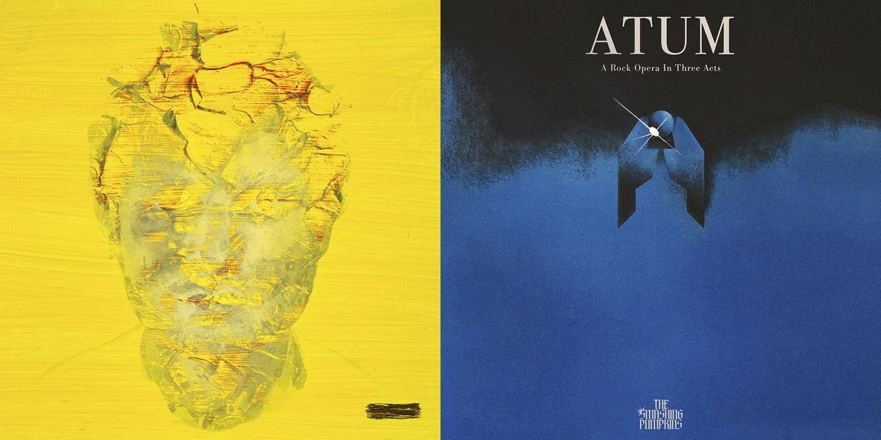 This combination of photos shows album art for ”-” or “Subtract.” by Ed Sheeran, left, and “Atum” by Smashing Pumpkins. (Atlantic Records/Thirty Tigers-The Orchard via AP)