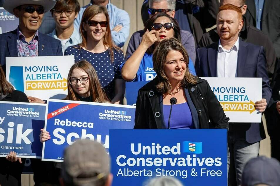 United Conservative Party Leader Danielle Smith, centre, speaks at a campaign launch rally in Calgary, on Saturday, April 29, 2023. Smith is expected to call a provincial election during an announcement later this morning in Calgary. THE CANADIAN PRESS/Jeff McIntosh
