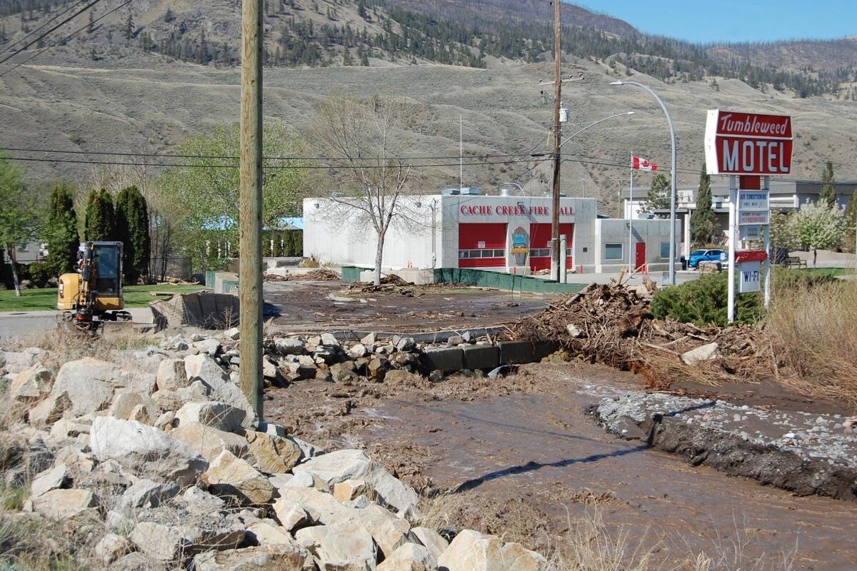 Cache Creek overflowed the culvert at Quartz Road on the evening of April 29, prompting the village to declare a State of Local Emergency and place one property east of the site on evacuation order. (Photo credit: Barbara Roden)