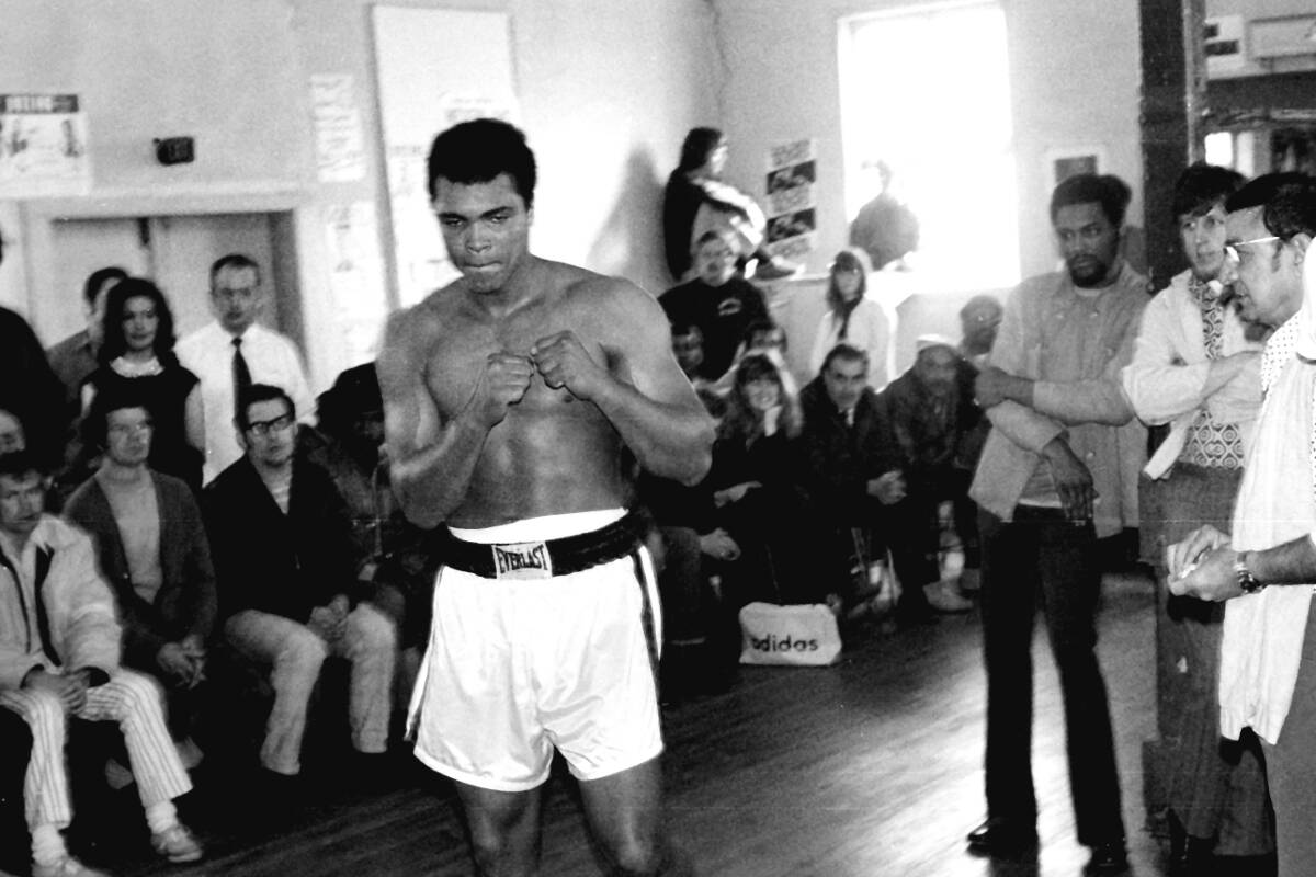 Muhammad Ali is seen here training at a North Vancouver boxing club in 1972 ahead of his fight against George Chuvalo. The punching bag Ali used is now hung in a Nelson dojang. Photo courtesy John Ius