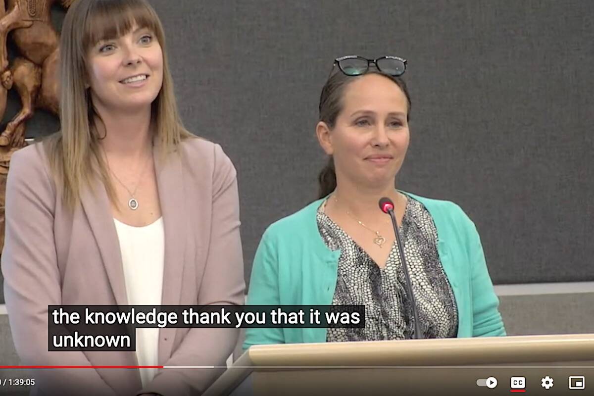 AIM co-founders Tiffany Francis and Miel Bernstein asking for menstrual/incontinence equity at Chilliwack city hall on April 18, 2023. (City of Chilliwack/ Youtube video screenshot)