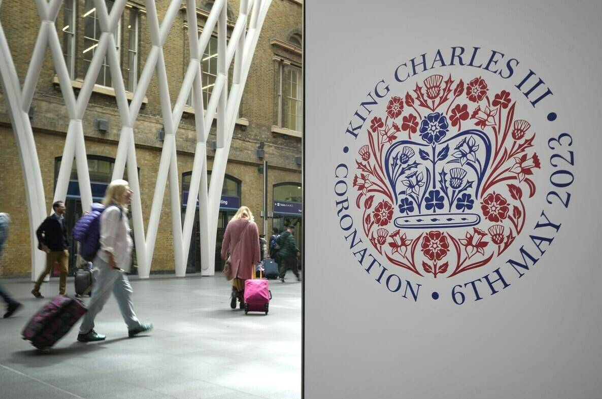 Canada’s major networks have kicked off a week of coronation coverage leading to Saturday’s historic crowning of King Charles III and Queen Consort, Camilla. A banner celebrating the coronation is displayed at Kings Cross Station in London, Monday, May 1, 2023. The coronation of King Charles III will take place at Westminster Abbey on May 6. THE CANADIAN PRESS/AP-Kirsty Wigglesworth