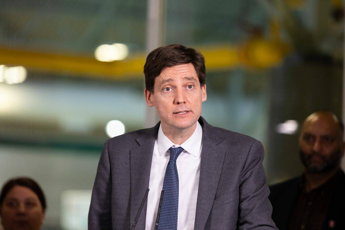 Premier David Eby, here seen in February, called on the forest industry to transform after another round of curtailments impacting northern B.C. (Black Press Media file photo)
