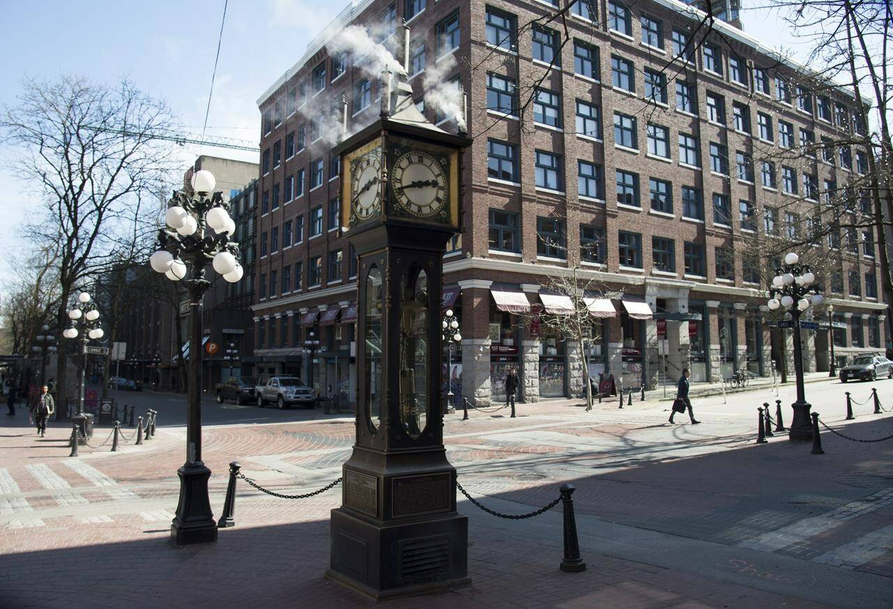 The steam clock is seen in historic Gastown, in downtown Vancouver Tuesday, March 17, 2020. Vancouver city council plans to make its historic Gastown neighbourhood more pedestrian-friendly by eliminating car traffic on its main thoroughfare. THE CANADIAN PRESS/Jonathan Hayward