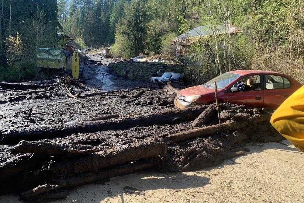 Residents of three properties on Little Slocan South Road have been ordered to leave their homes immediately after a landslide on May 2, 2023. (RDCK handout photo)