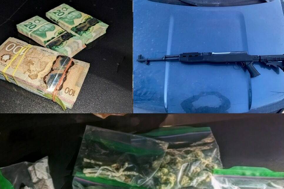 Cash, weapons and illicit drugs are photographed by B.C. police after targeting gangs across B.C. for the first three months of 2023. (Photo CFSEU-BC)
