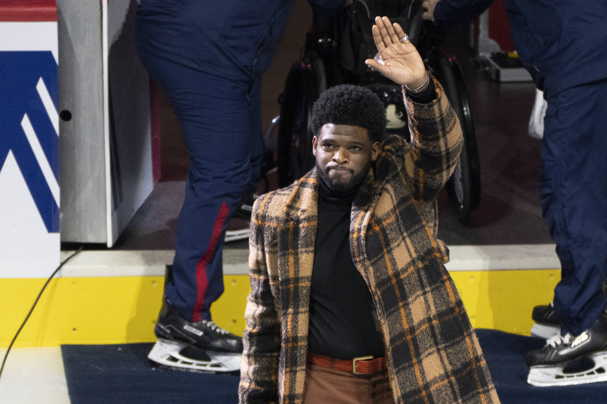 Former Montreal Canadiens P.K. Subban salutes the crowd as he is introduced during a pre-game ceremony in Montreal, on Thursday, January 12, 2023. THE CANADIAN PRESS/Paul Chiasson