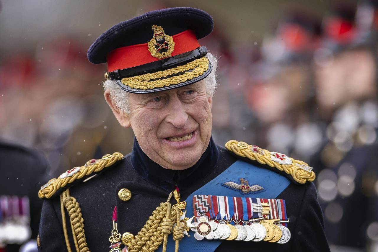 Britain’s King Charles inspects the 200th Sovereign’s parade at Royal Military Academy Sandhurst in Camberley, England, on Friday, April 14, 2023. Canadians will be able to celebrate the coronation of King Charles at a special event in Ottawa on May 6. THE CANADIAN PRESS/Dan Kitwood/Pool Photo via AP