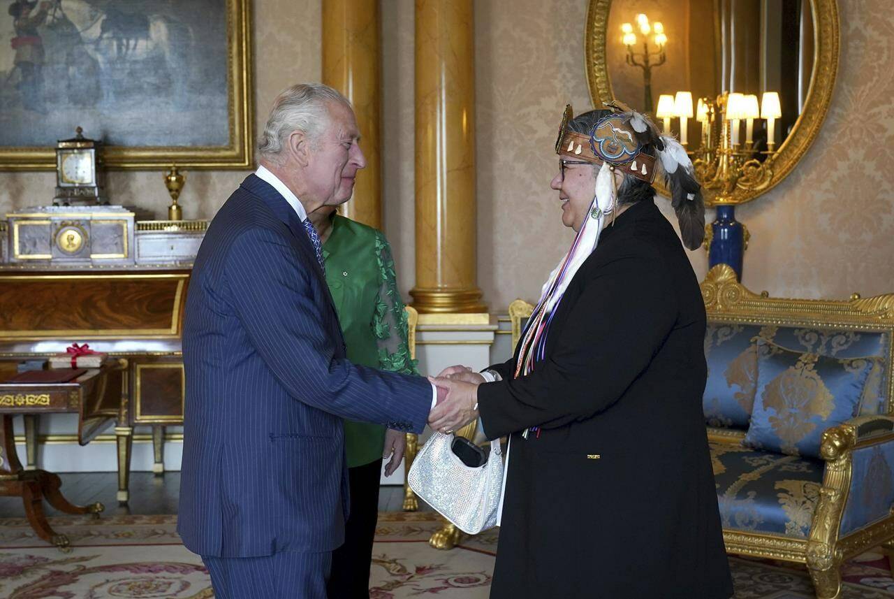 Britain’s King Charles III receives Assembly of First Nations National Chief RoseAnne Archibald during an audience at Buckingham Palace, London, Thursday May 4, 2023. THE CANADIAN PRESS/AP-Gareth Fuller/Pool Photo via AP