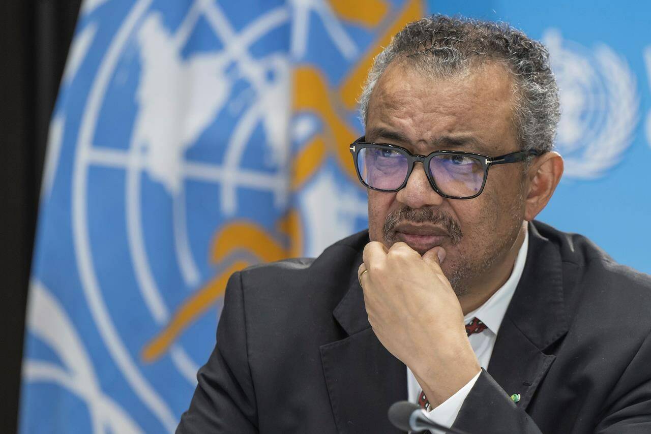 Tedros Adhanom Ghebreyesus, Director General of the World Health Organization (WHO), speaks to journalists during a press conference about the Global WHO on World Health Day and the 75th anniversary at the World Health Organization (WHO) headquarters in Geneva, Switzerland, Thursday April 6, 2023. (Martial Trezzini/Keystone via AP)