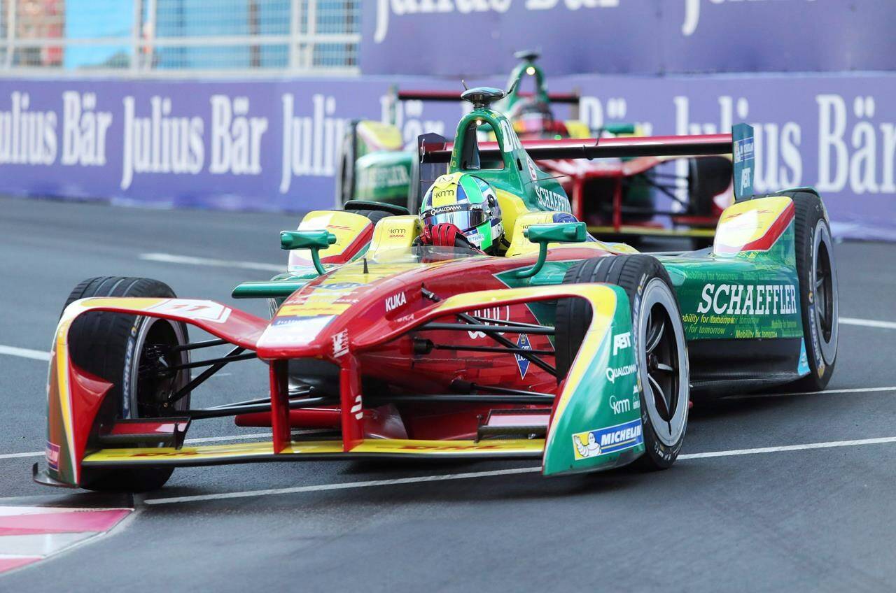 Formula E’s CEO says that a Canadian stop on the electric car racing circuit would make a lot of sense. ABT Schaeffler FE02 driver Lucas di Grassi, of Brazil, drives through the chicane on his way to winning the season three driver’s championship at the Montreal Formula ePrix electric car race, in Montreal on Sunday, July 30, 2017. THE CANADIAN PRESS/Tom Boland