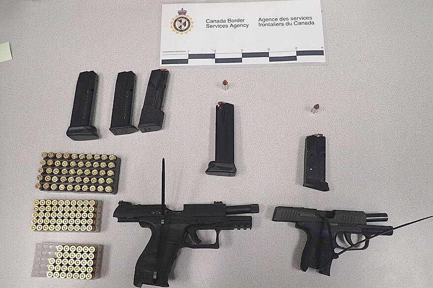 An American man has been sentenced to 30 months in jail after pleading guilty to trying to smuggle firearms into Canada through the Pacific Highway border. (CBSA photo)