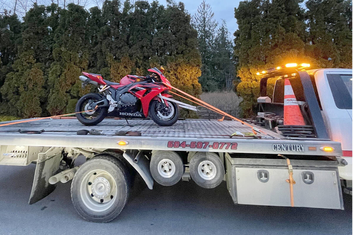 A red Honda motorcycle was impounded by the RCMP after it was allegedly caught driving at 244 km/h in a 60 km/h zone in rural Langley in April. (Langley RCMP/Special to the Langley Advance Times)