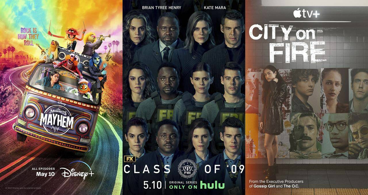 This combination of photos shows promotional art for “The Muppets Mayhem,” premiering May 10 on Disney+, left, “Class of 09” premiering May 10 on Hulu and “City on Fire,” a series premiering May 12 on Apple TV+ . (Apple TV+/Disney+ via AP) (Disney+/Hulu/Apple TV+ via AP)