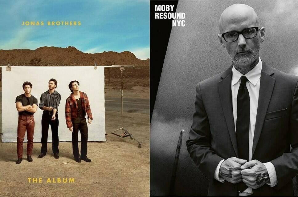 This combination of images shows cover art for “The Album,” by the Jonas Brothers, left, and “Resound NYC,” by Moby. (Republic Records/Deutsche Grammophon via AP)