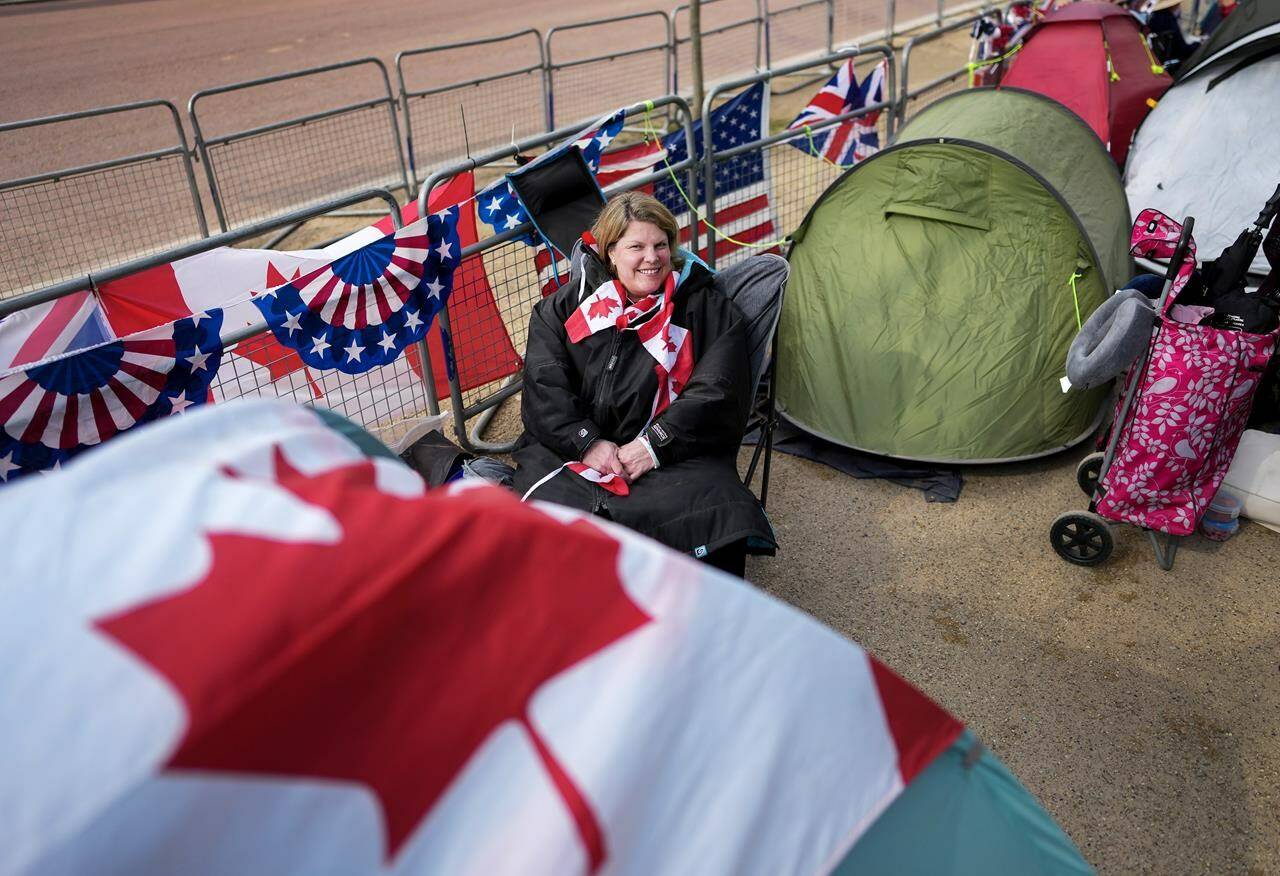 Canadian Mary Foster of Quebec camps outside the Mall near Buckingham Palace before the coronation of King Charles III in London on Thursday, May 4, 2023. THE CANADIAN PRESS/Nathan Denette