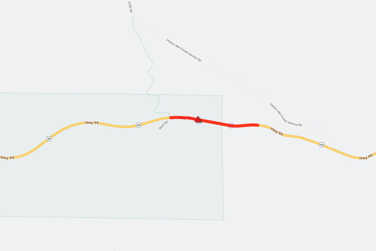 Highway 99, north of Lilooet, is single-lane with alternating traffic Tuesday morning (May 9) due to flooding at Timmions Creek.