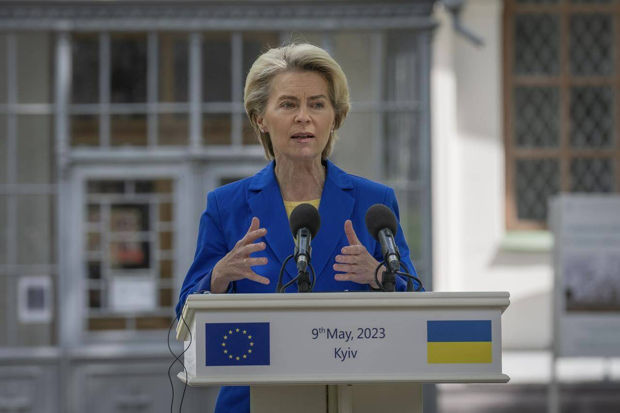 European Commission President Ursula von der Leyen speaks during her press conference with Ukrainian President Volodymyr Zelenskyy in Kyiv, Ukraine, Tuesday, May 9, 2023. (AP Photo/Efrem Lukatsky)