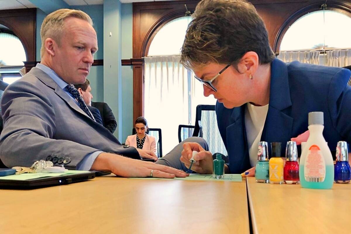 North Coast NPD MLA Jennifer Rice paints MLA for Port Moody-Coquitlam, Rick Glumac’s nails in support of SD 52 student Shemar Williams whose parents allege inappropriate behaviour by a teacher removing his nail polish without permission (Photo: supplied)